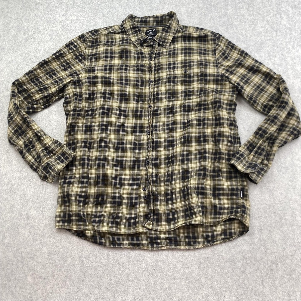 Hurley Mens XL Black Green Plaid Flannel Button Up Long Sleeve Shirt F4956-00